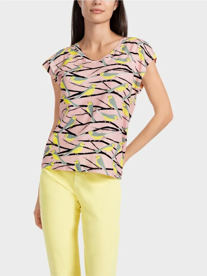 Shirts and Tops Damen Marc Cain rmelloses TShirt Im VogelDessin Soft Powder Pink