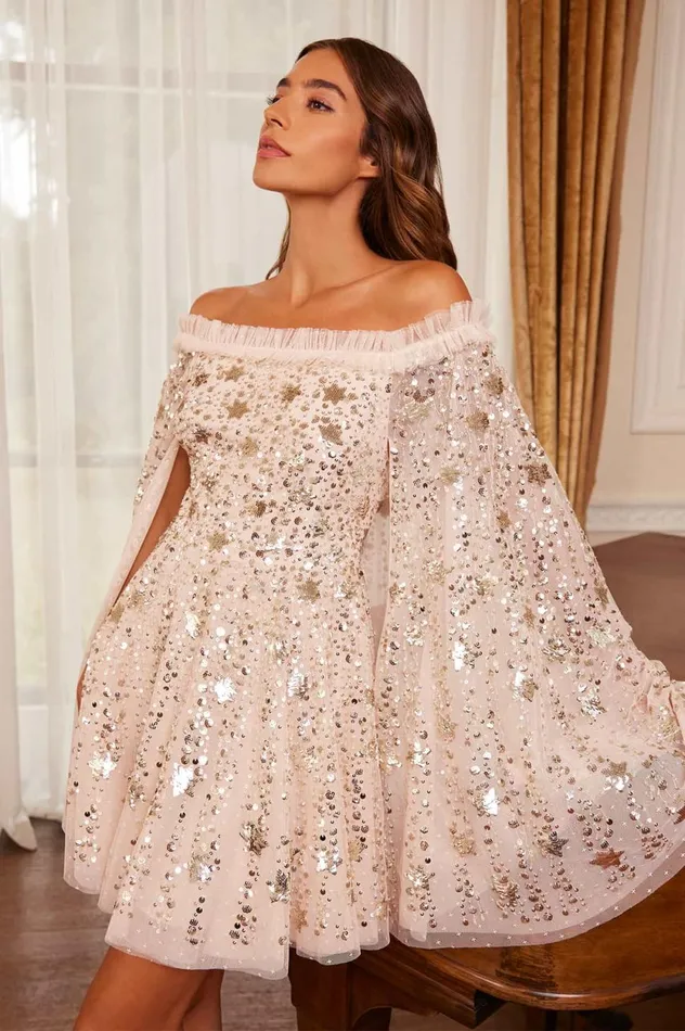 Shooting Stars Cape Micro Mini Dress Beige Women Needle and Thread Dresses