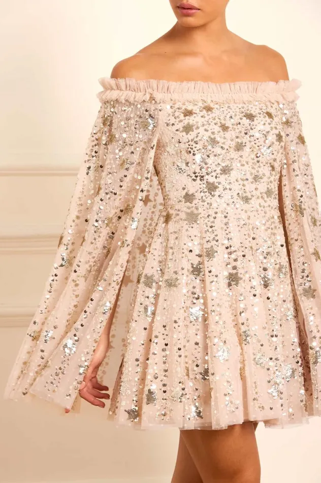 Shooting Stars Cape Micro Mini Dress Beige Women Needle and Thread Dresses