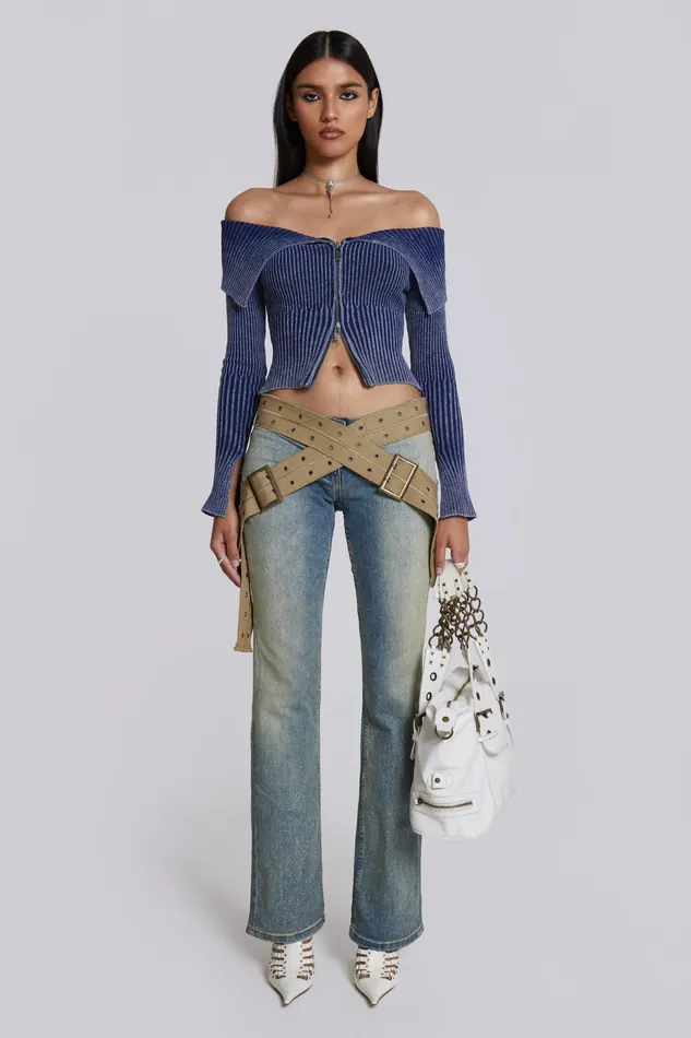 Shop Tribeca Blue Ribbed Off The Shoulder Knit Women Tops Jaded London