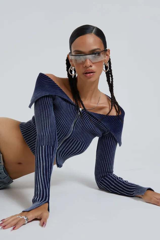 Shop Tribeca Blue Ribbed Off The Shoulder Knit Women Tops Jaded London
