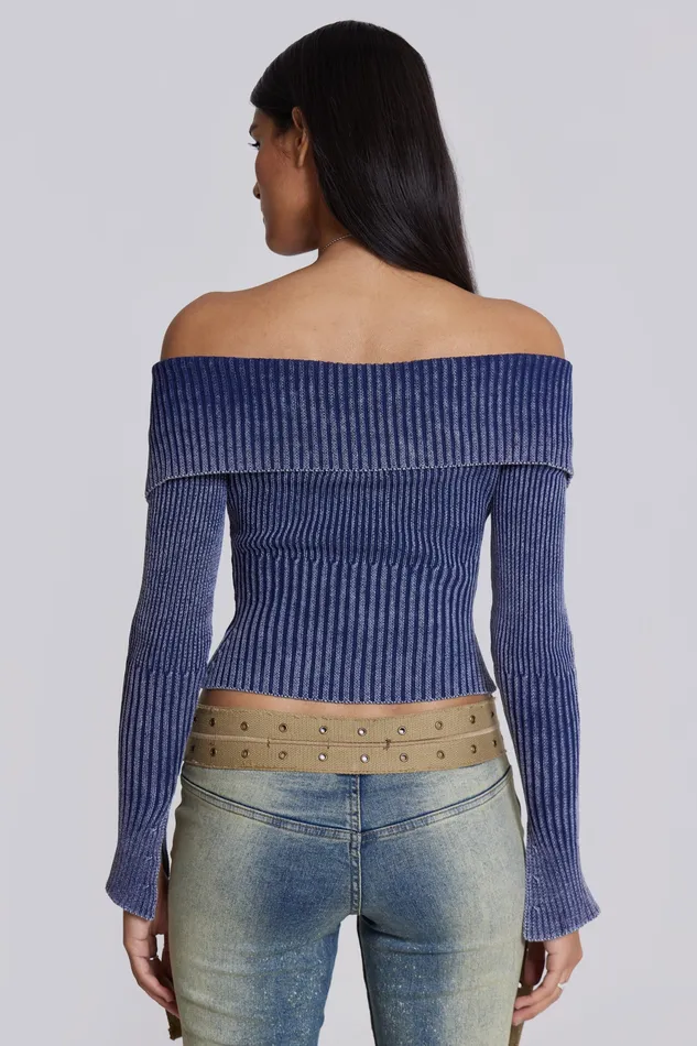 Shop Tribeca Blue Ribbed Off The Shoulder Knit Women Tops Jaded London