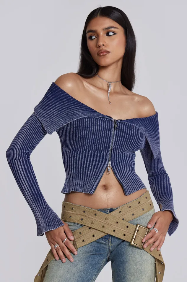 Shop Tribeca Blue Ribbed Off The Shoulder Knit Women Tops Jaded London