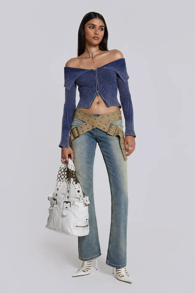 Shop Tribeca Blue Ribbed Off The Shoulder Knit Women Tops Jaded London