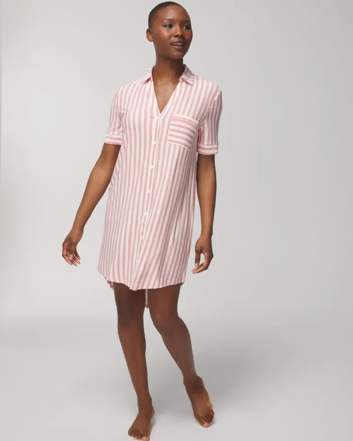 Soma Cool Nights ButtonFront Sleepshirt Capri Stripe Blush Pink Women Sleepshirts