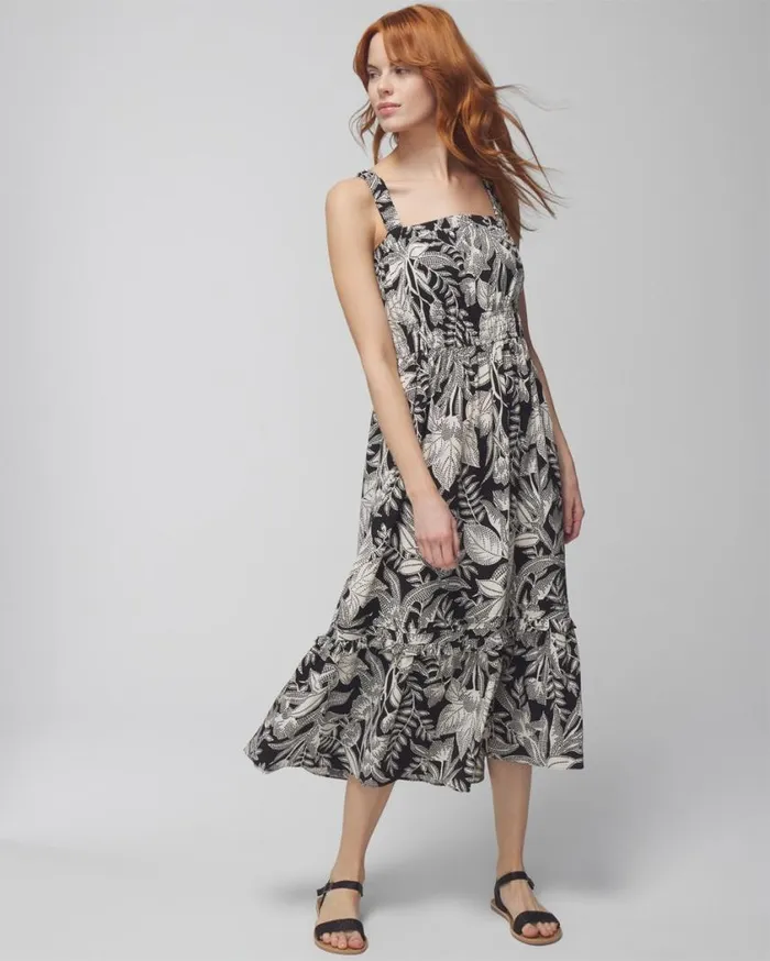 Soma Rayon Challis Midi Bra Dress Patterned Palms Black Women Midi Dresses