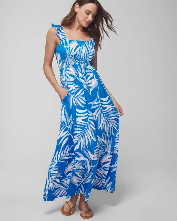 Soma Soft Jersey Smocked Flutter Sleeve Maxi Bra Dress Painted In Paradise G Nvy Women Long Dresses