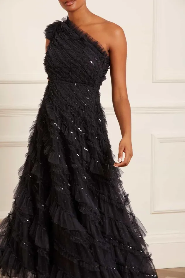 Spiral Sequin OneShoulder Ankle Gown Black Women Needle and Thread Dresses