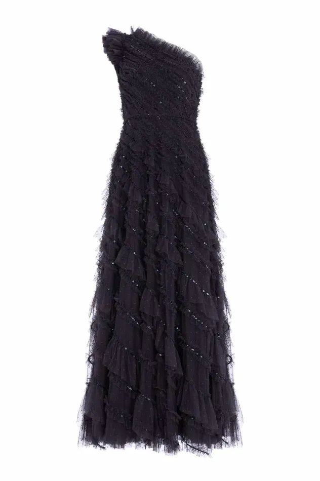 Spiral Sequin OneShoulder Ankle Gown Black Women Needle and Thread Dresses