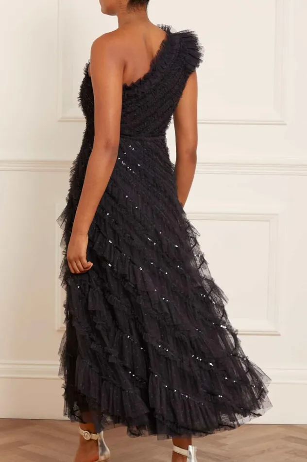 Spiral Sequin OneShoulder Ankle Gown Black Women Needle and Thread Dresses