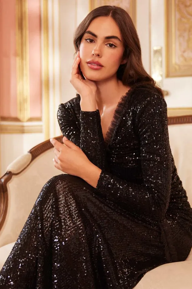 Starlight Long Sleeve Gown Black Women Needle and Thread Dresses