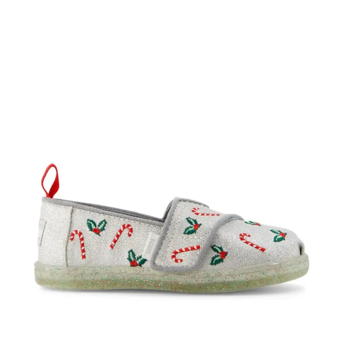 Toms TOMS Classics Alpargata Toddler Shoe Silver Shimmer Embroidered Candy Canes 8211 KidsWomen