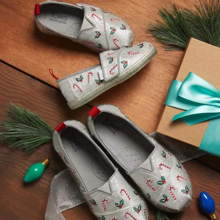 Toms TOMS Classics Alpargata Toddler Shoe Silver Shimmer Embroidered Candy Canes 8211 KidsWomen Toms TOMS Classics Alpargata Toddler Shoe Silver Shimmer Embroidered Candy Canes 8211 KidsWomen