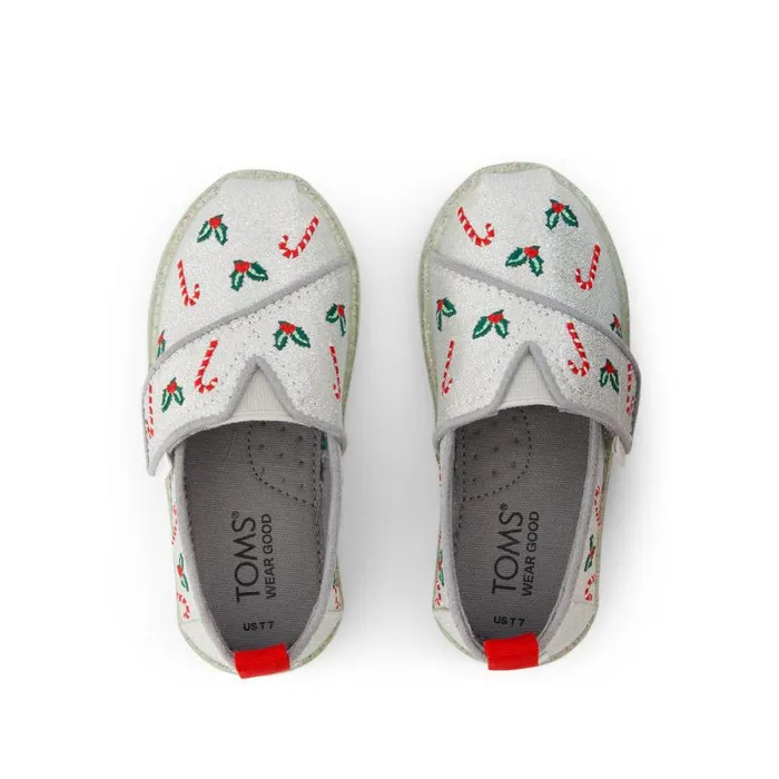 Toms TOMS Classics Alpargata Toddler Shoe Silver Shimmer Embroidered Candy Canes 8211 KidsWomen Toms TOMS Classics Alpargata Toddler Shoe Silver Shimmer Embroidered Candy Canes 8211 KidsWomen