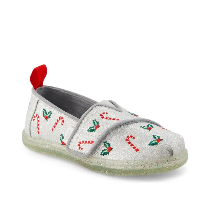 Toms TOMS Classics Alpargata Toddler Shoe Silver Shimmer Embroidered Candy Canes 8211 KidsWomen Toms TOMS Classics Alpargata Toddler Shoe Silver Shimmer Embroidered Candy Canes 8211 KidsWomen