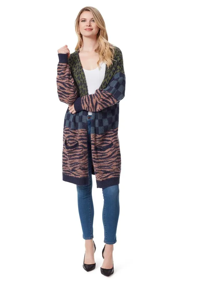 Tops Clothing Jessica Simpson Blaise Cardigan In Checkered Cheetah Black Iris