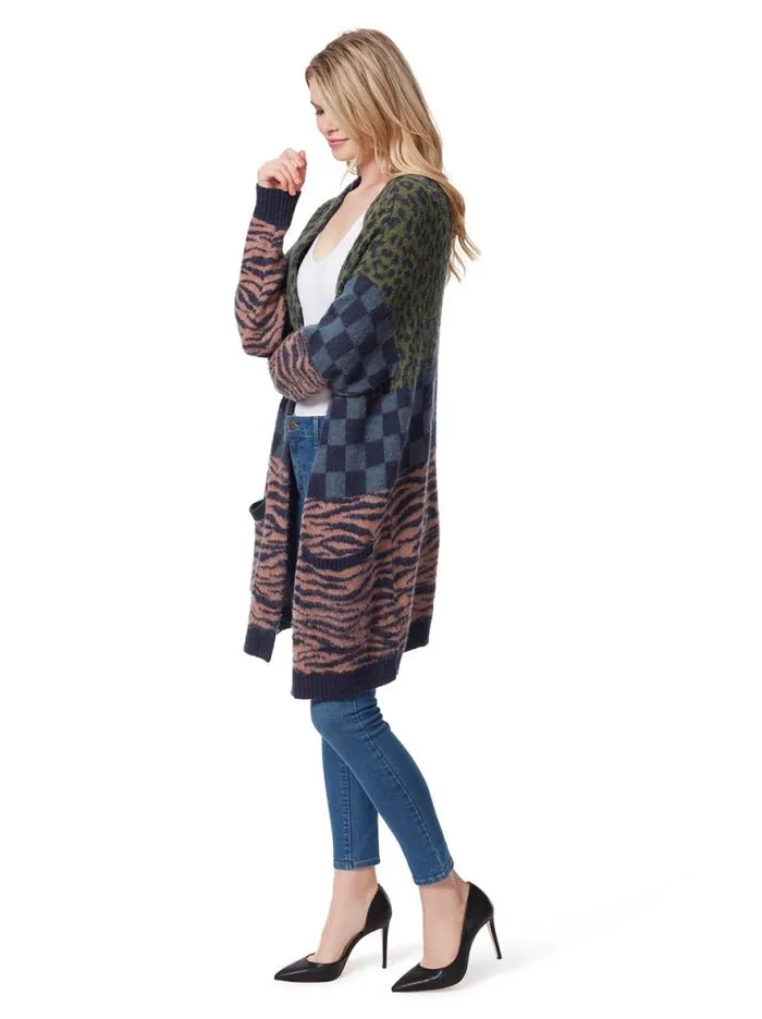 Tops Clothing Jessica Simpson Blaise Cardigan In Checkered Cheetah Black Iris