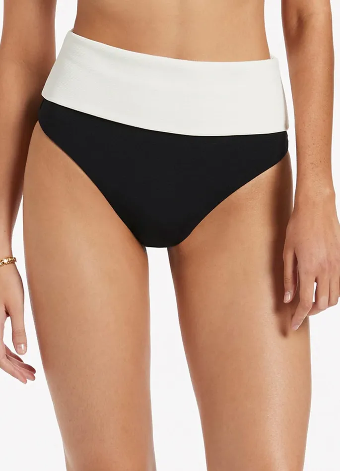 Versa Rib Fold Down High Waisted Bikini Bottom Blackcream Women JETS Australia High Waist Bikini Bottoms