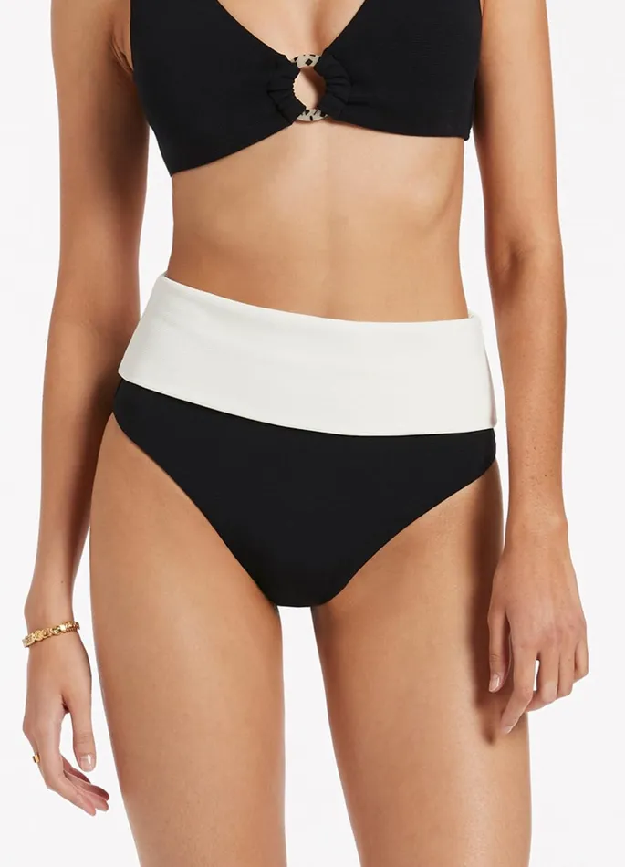 Versa Rib Fold Down High Waisted Bikini Bottom Blackcream Women JETS Australia High Waist Bikini Bottoms
