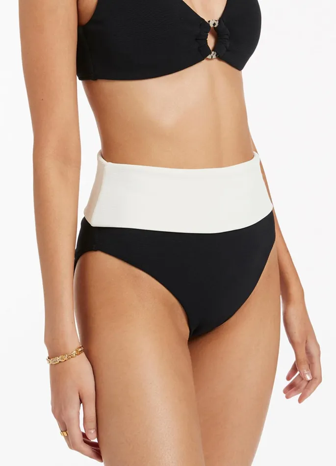 Versa Rib Fold Down High Waisted Bikini Bottom Blackcream Women JETS Australia High Waist Bikini Bottoms