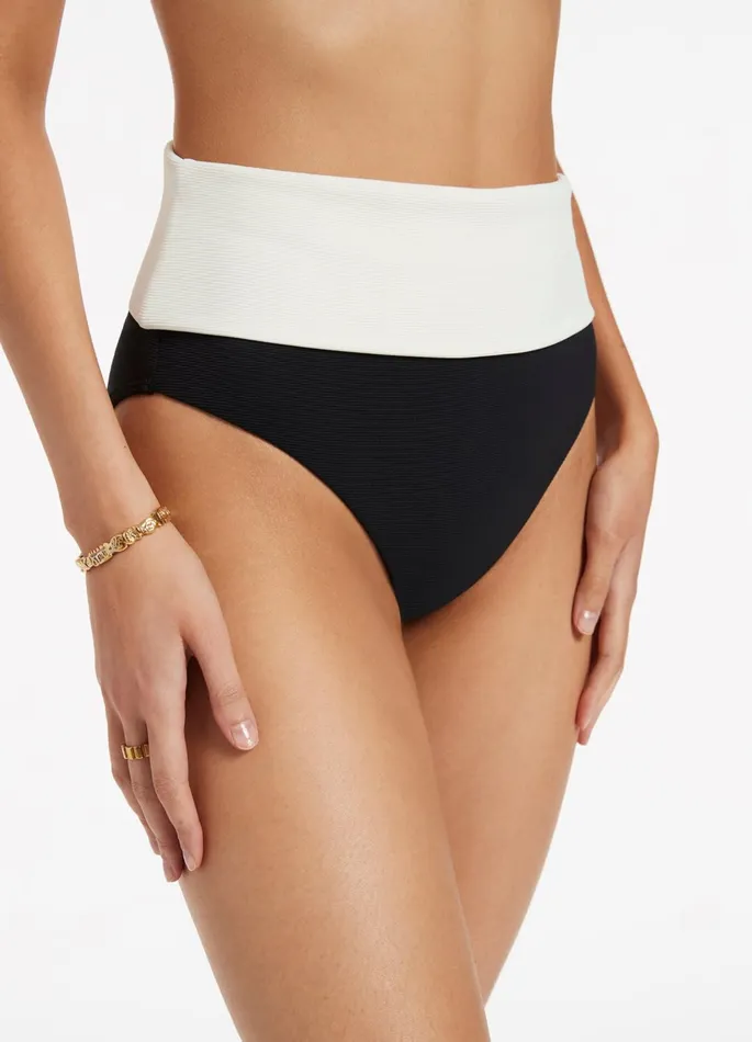 Versa Rib Fold Down High Waisted Bikini Bottom Blackcream Women JETS Australia High Waist Bikini Bottoms