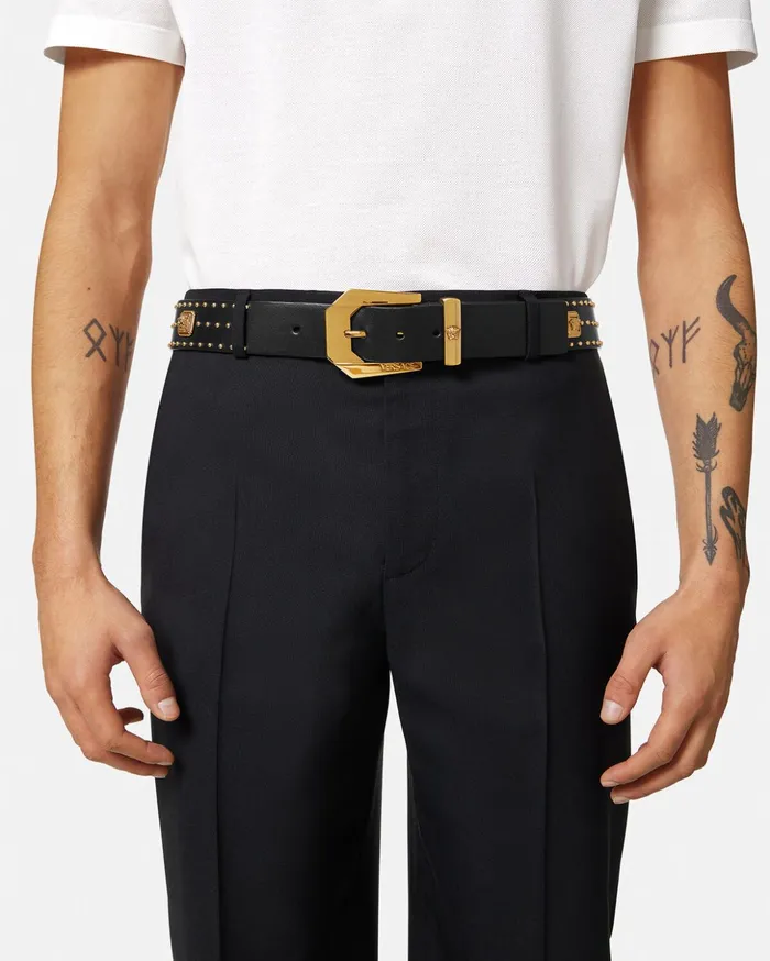 Versace Belts Men Medusa Heritage Studded Leather Belt 4 Cm Blackgold