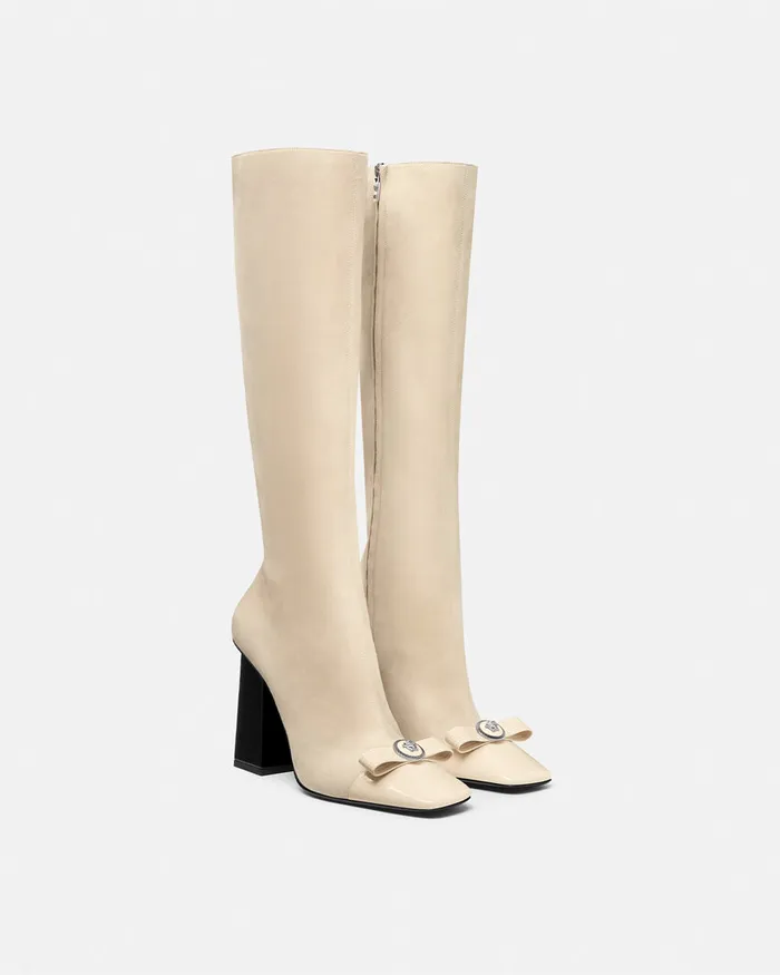 Versace Boots Women Gianni Ribbon Suede Boots 41034 105 Mm Beige
