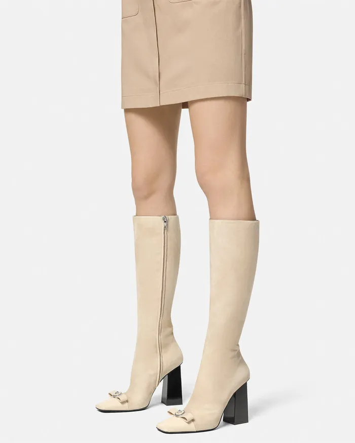 Versace Boots Women Gianni Ribbon Suede Boots 41034 105 Mm Beige
