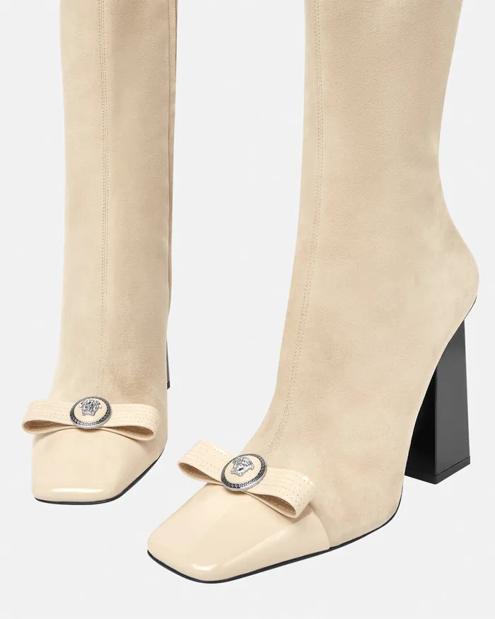 Versace Boots Women Gianni Ribbon Suede Boots 41034 105 Mm Beige