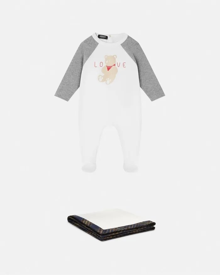 Versace Clothing Kids Tartan Love Teddy Baby Sleepsuit Whitesilver