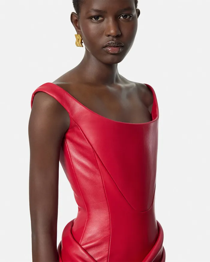 Versace Dresses Women Leather Corset Draped Midi Dress Red