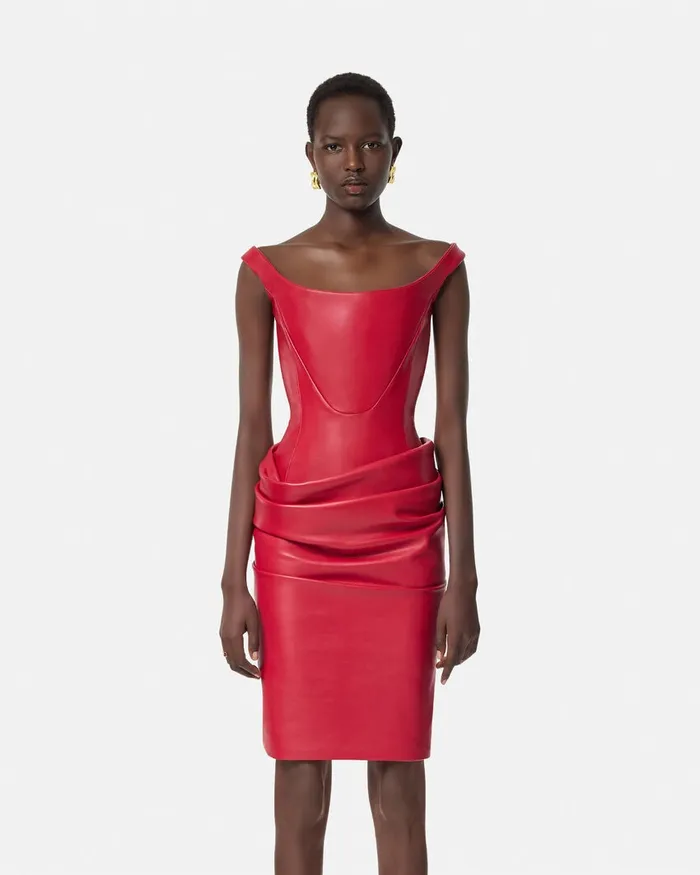 Versace Dresses Women Leather Corset Draped Midi Dress Red