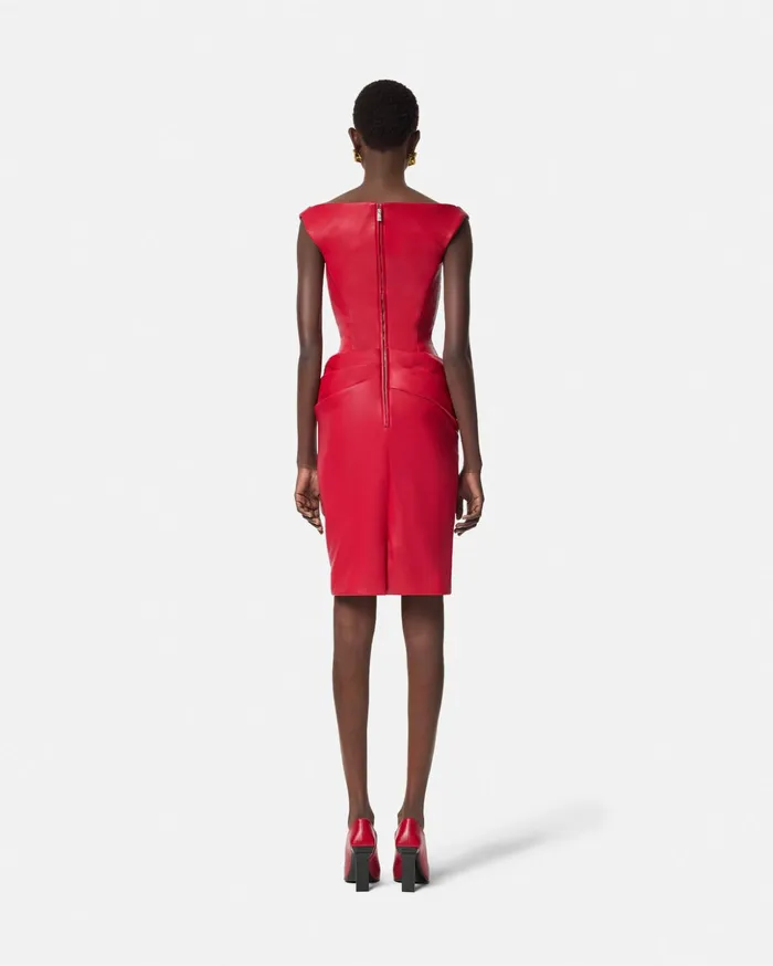 Versace Dresses Women Leather Corset Draped Midi Dress Red