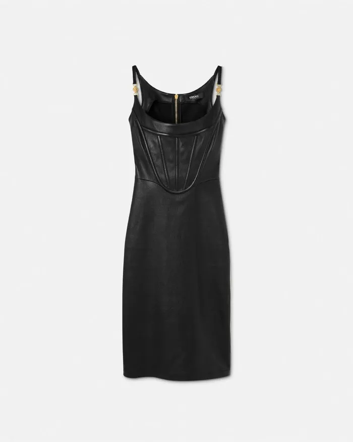 Versace Dresses Women Medusa 03995 Corset Leather Midi Dress Black