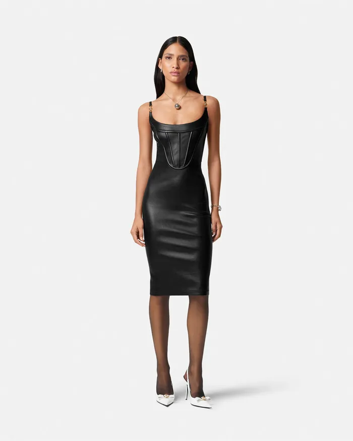 Versace Dresses Women Medusa 03995 Corset Leather Midi Dress Black