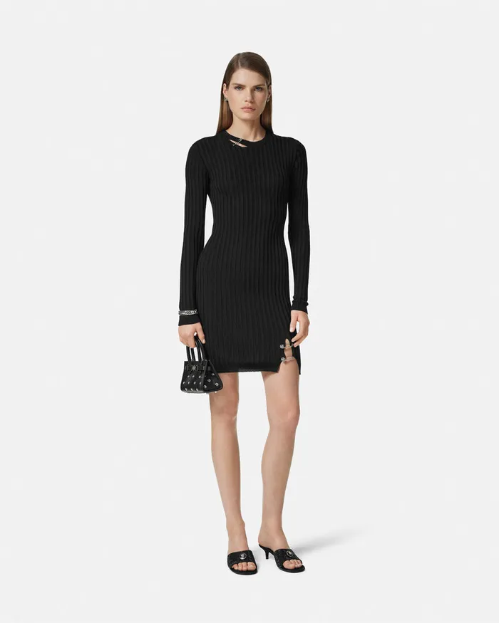 Versace Dresses Women Safety Pin RibbedKnit Mini Dress Black