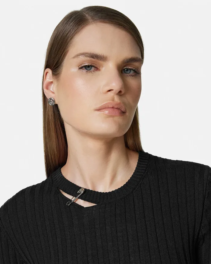 Versace Dresses Women Safety Pin RibbedKnit Mini Dress Black
