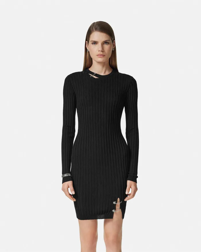 Versace Dresses Women Safety Pin RibbedKnit Mini Dress Black