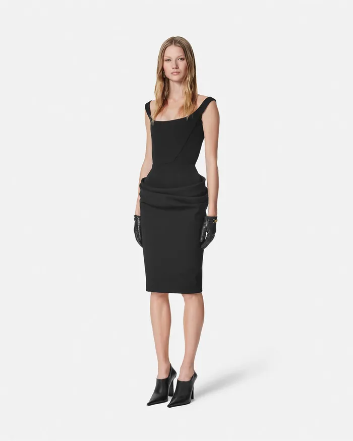 Versace Dresses Women Wool Gabardine Corset Draped Midi Dress Black