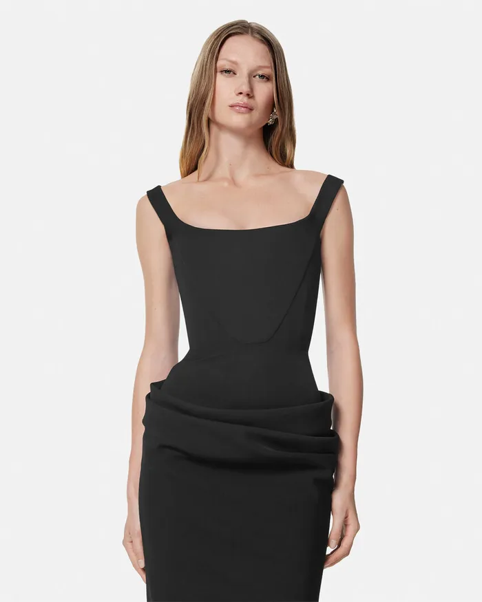 Versace Dresses Women Wool Gabardine Corset Draped Midi Dress Black