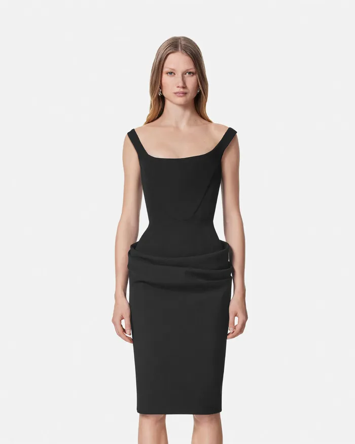 Versace Dresses Women Wool Gabardine Corset Draped Midi Dress Black