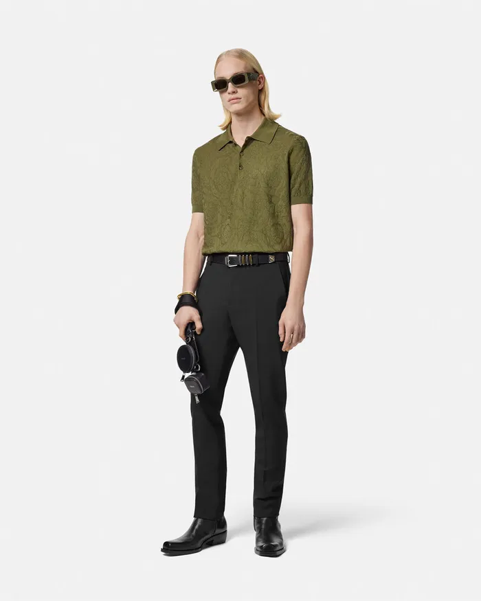 Versace Knitwear Men Barocco Knit Polo Shirt Green