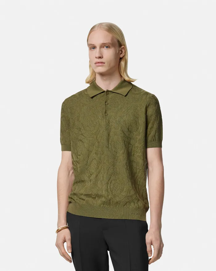 Versace Knitwear Men Barocco Knit Polo Shirt Green