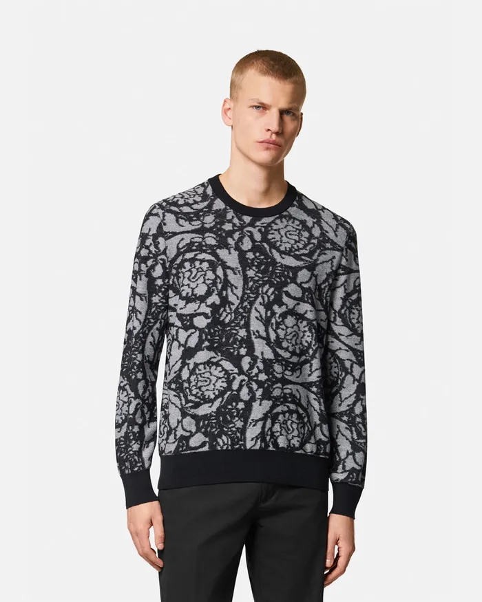 Versace Knitwear Men Barocco Silhouette Vanis Sweater Blacksilver