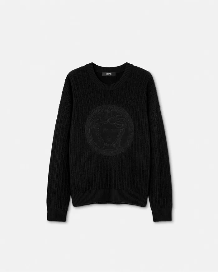 Versace Knitwear Men Embroidered Medusa CableKnit Sweater Black