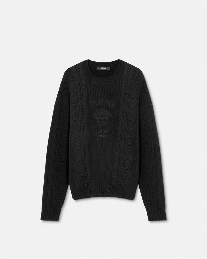 Versace Knitwear Men Medusa Milano CableKnit Sweater Black