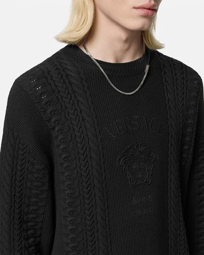 Versace Knitwear Men Medusa Milano CableKnit Sweater Black