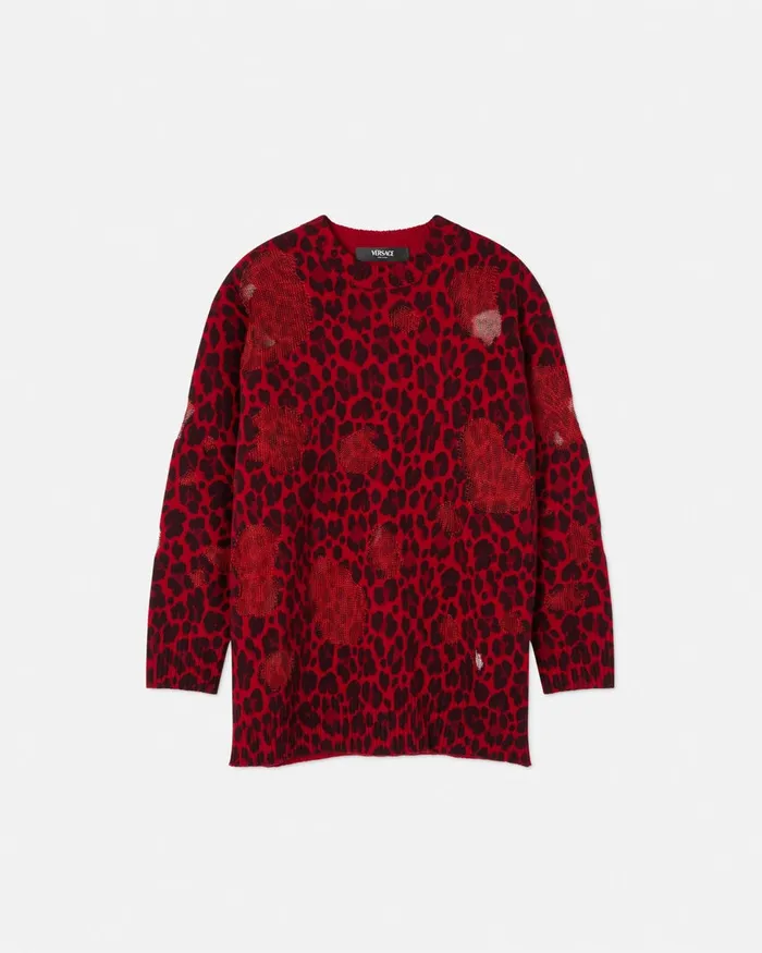 Versace Knitwear Women Leopard Intarsia Oversized Sweater Red