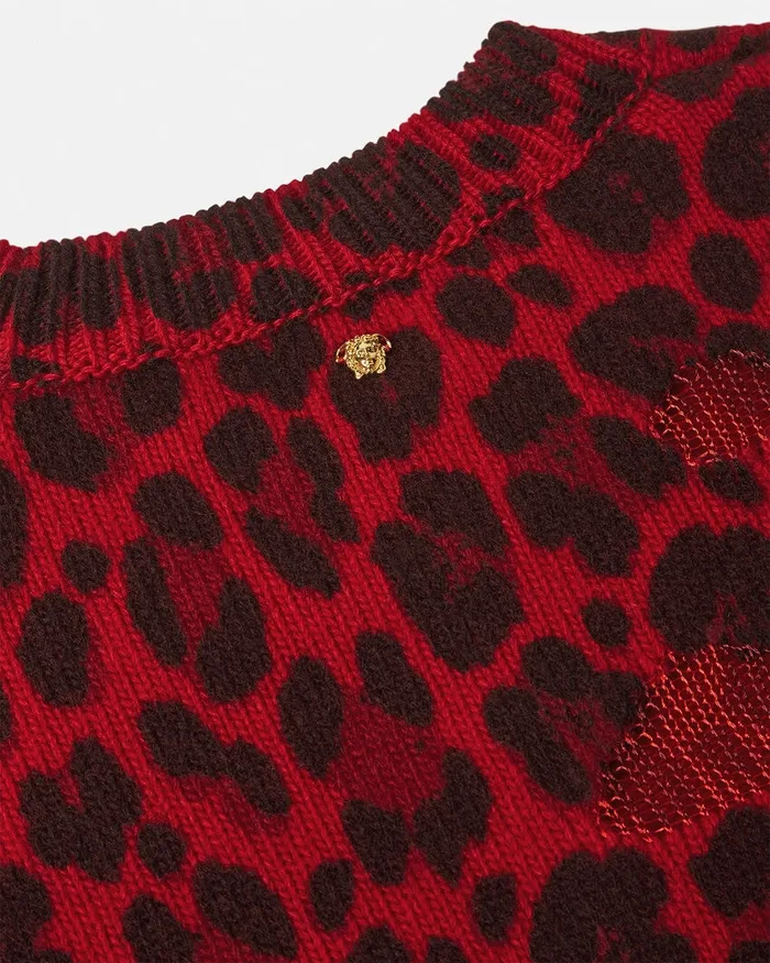 Versace Knitwear Women Leopard Intarsia Oversized Sweater Red