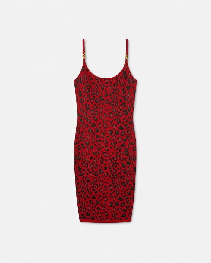 Versace Knitwear Women Leopard Lurex Fitted Knit Midi Dress Red